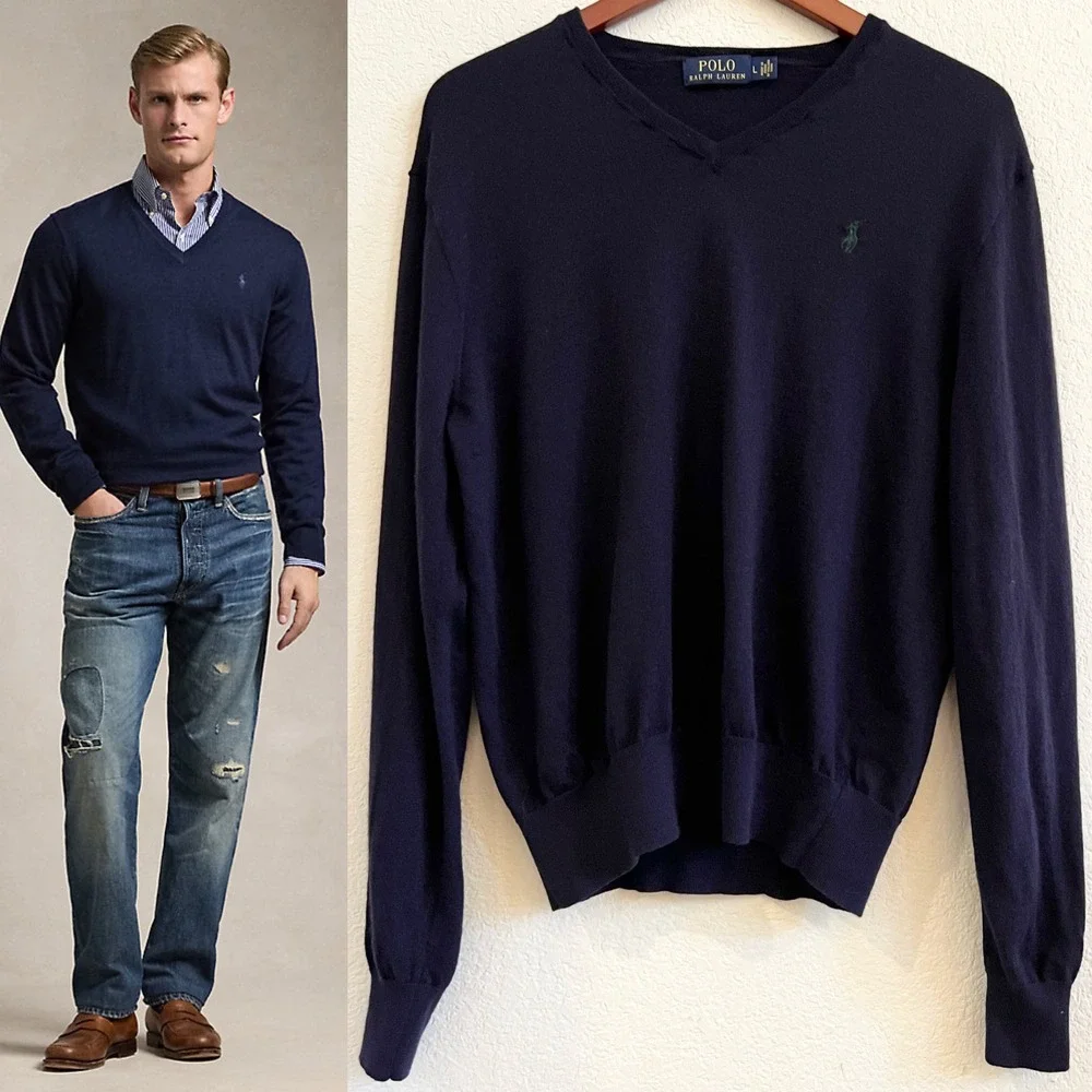 Polo Ralph Lauren 100% Merino Wool V Neck Sweater Navy‎ Blue Size L